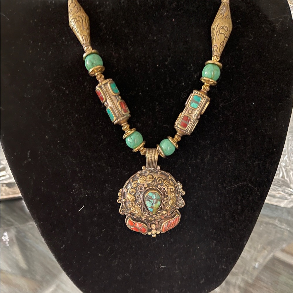 Extraordinary antique brass necklace with turquoise and coral